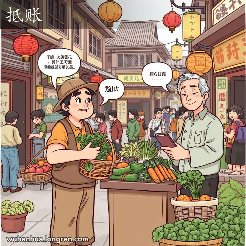 一位武汉农民在街市中用蔬菜抵债，店主满意地记账，背景是热闹的老街景