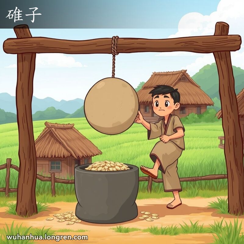 一位农民在武汉农村用传统的碓子踩米，背景是绿油油的田野和茅草屋。