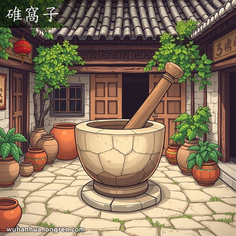 一个传统的武汉庭院，中央摆放着一套古老的石臼和杵，焦点是石臼，背景有陶罐、木桶和茂盛的植被