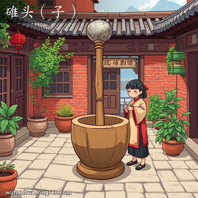 一个传统的武汉庭院，中央有木制碓杵和碓，碓杵由长木杠和圆石头组成，一位穿传统服装的人准备使用碓杵，背景有红砖墙和长江景色。