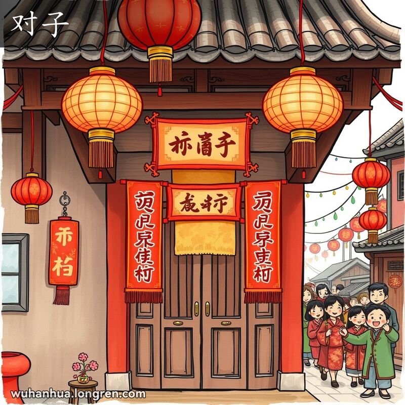 武汉春节场景，红灯笼和对联装饰老木屋，背景人们手持剪纸装饰，笑容满面