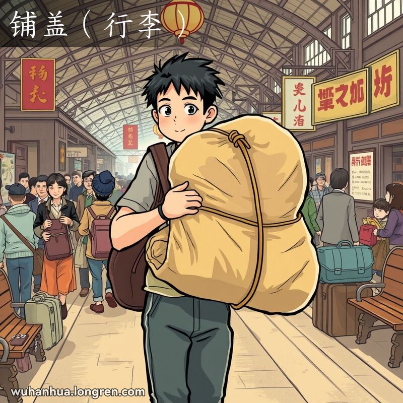 一位武汉旅客站在火车站平台上，肩上扛着传统的卧具卷，背景是拥挤的站台和老式海报。