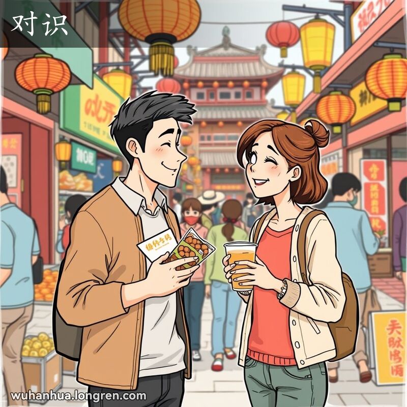 两个人在武汉街市上相遇，互相认出对方并友好地点头微笑，背景是繁忙的街市。