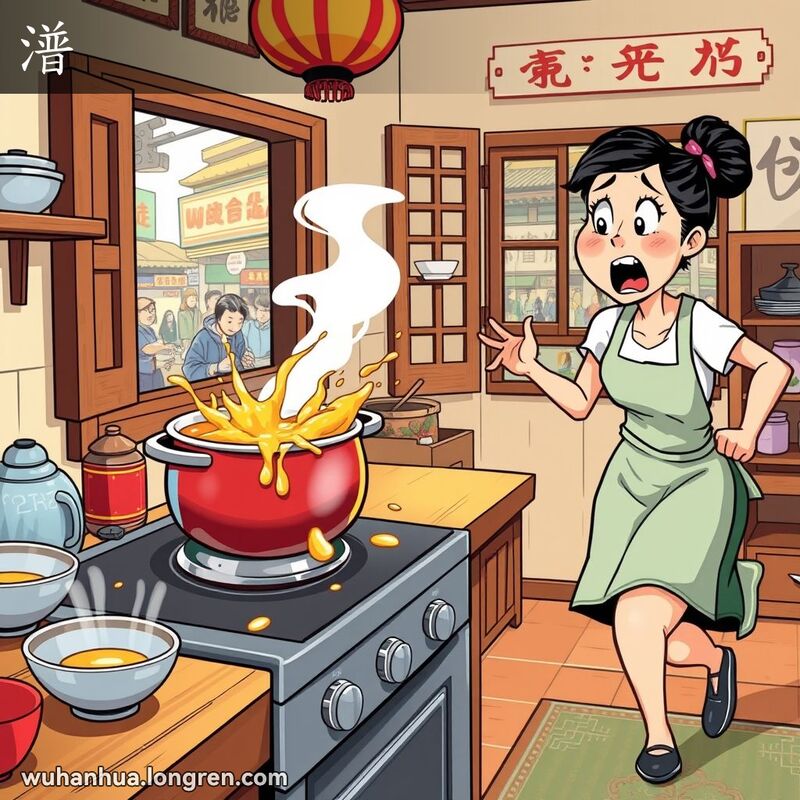 一个妇女在厨房里惊讶地看着沸腾的锅，锅里的液体溢出，背景是中国家庭的温馨场景。