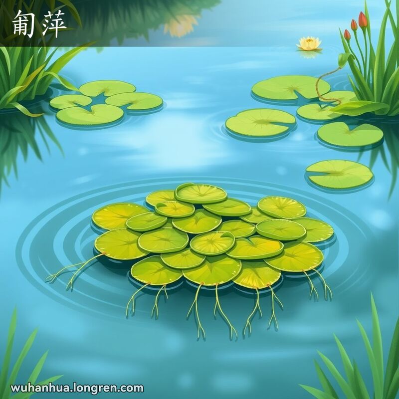 一片宁静的池塘，池塘中漂浮着一簇浮萍，叶子扁平，下生须根，背景中还有几片睡莲和其他水生植物