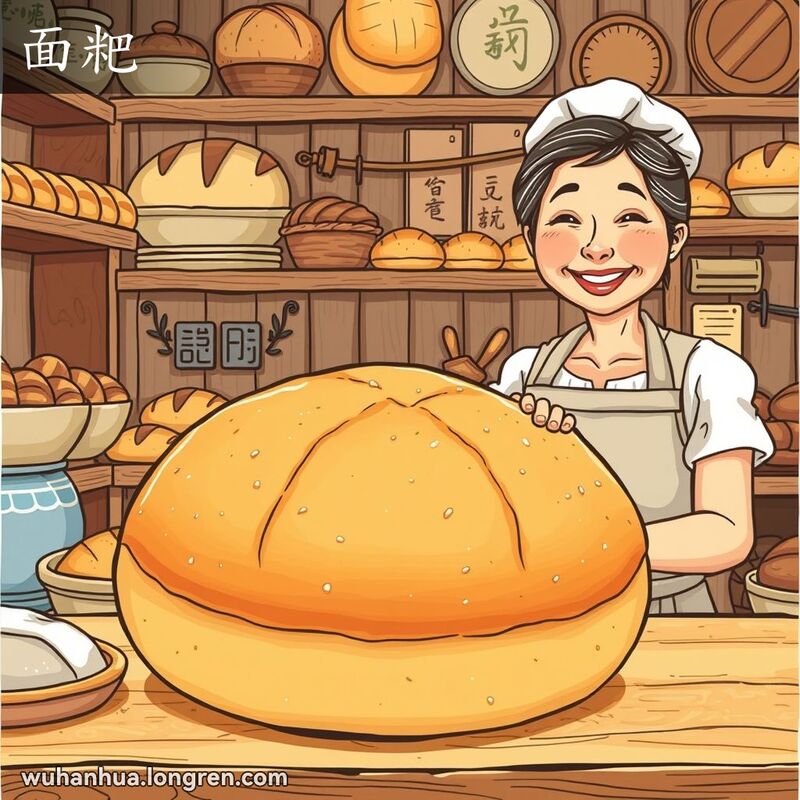 一家温馨的武汉面包店，面包师拿着一个大圆面包，背景是各种新鲜面包和温暖的店内装饰
