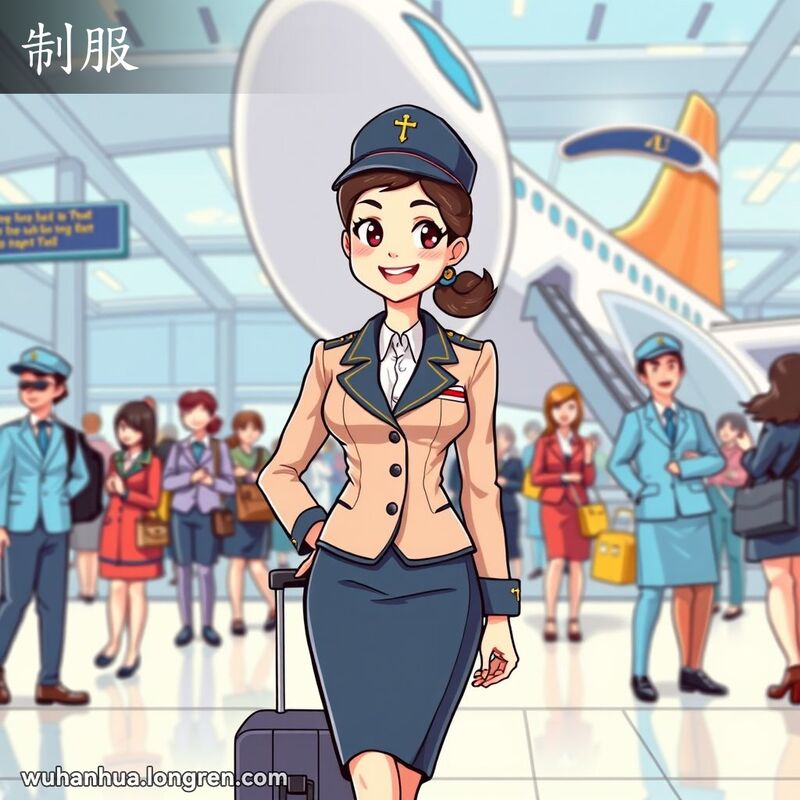 一位年轻的空姐穿着精致的制服，自信地站在飞机前，手持小行李箱，准备登机，背景是繁忙的机场
