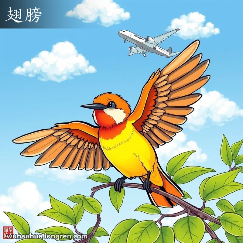 一只展翅欲飞的小鸟站在树枝上，背景是蓝天白云和一架飞机，展示了翅膀的美丽和功能。