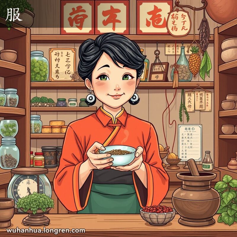 一位中年妇女在武汉的中药店内手持一碗中药，背景是传统中药店的场景