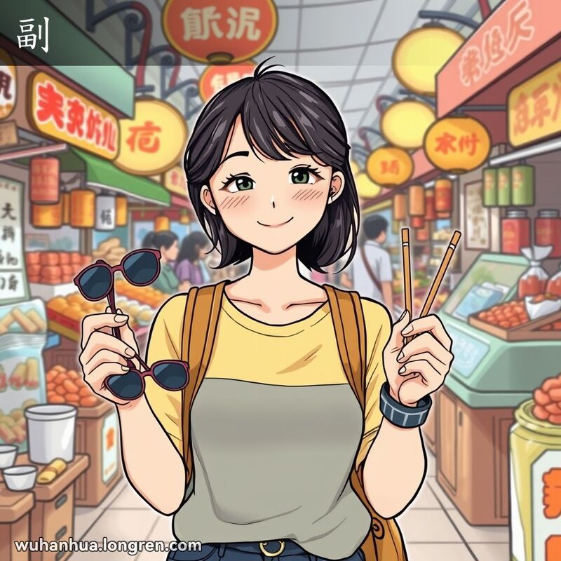 一位武汉年轻女子在市场中手持一副太阳镜和一副筷子，背景是武汉传统小吃摊位