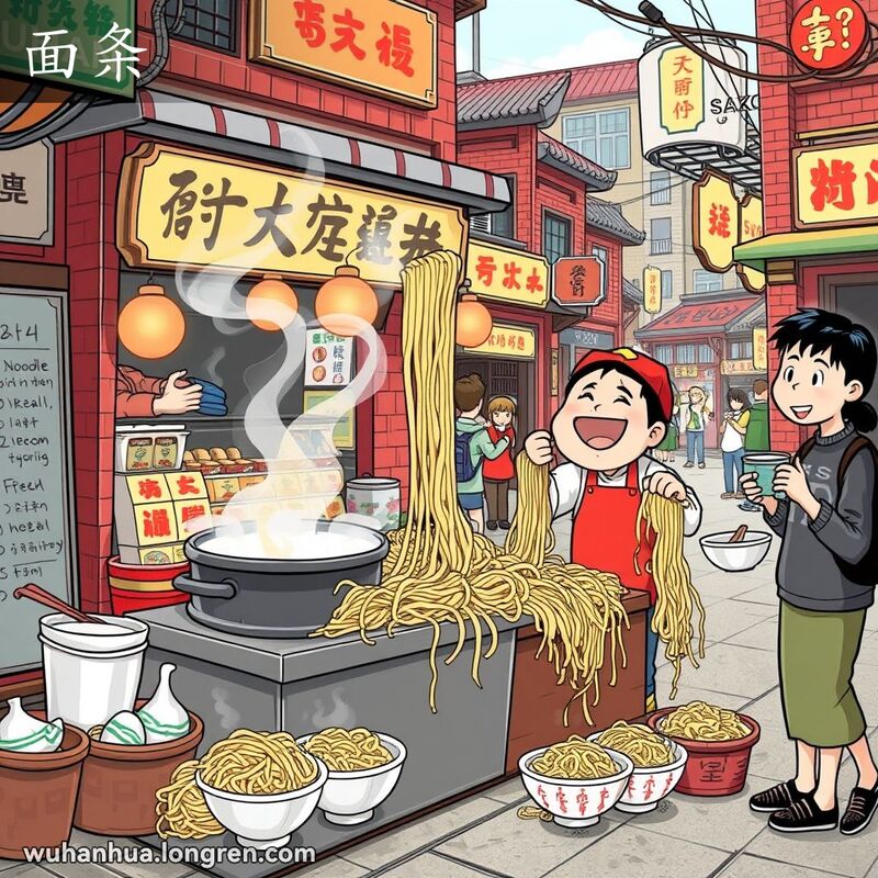 武汉街头传统面条店，面条师傅正在拉面，顾客等待，背景是武汉老街景