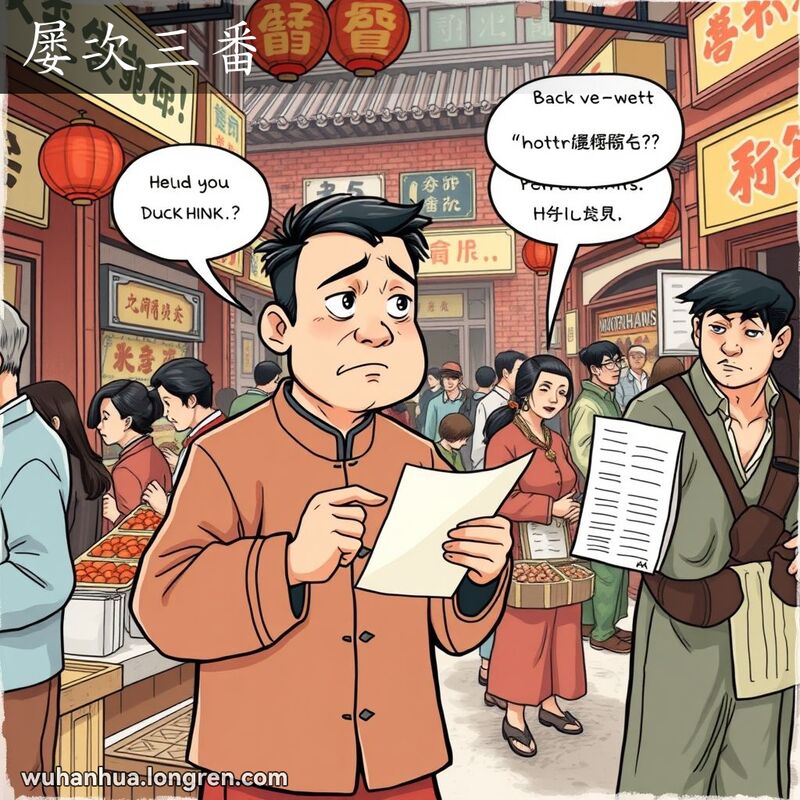 一位男子在武汉市场中手持清单，与摊贩交谈，表情沮丧，背景是武汉老街景