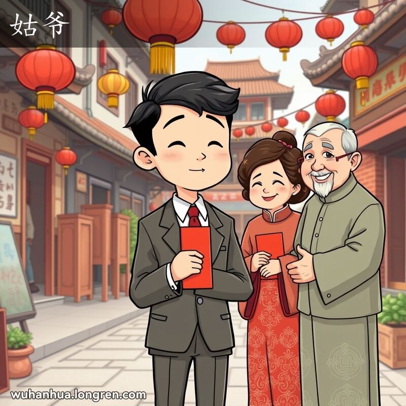 一位年轻男子在武汉婚礼上，紧张地站在未来岳父母面前，手持红包，背景是武汉老街景