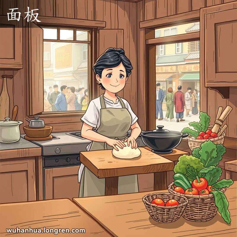 一位中年妇女在厨房中用面板揉面，背景是传统武汉厨房和窗外的街景