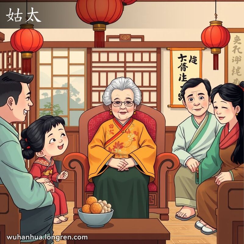 一个传统中国家庭聚会场景，老妇人坐在显眼位置，周围是家庭成员，房间布置有传统装饰。