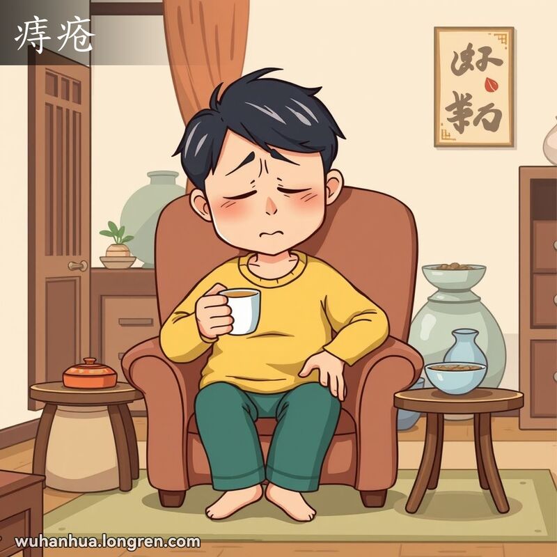 一位武汉市民坐在家中的椅子上，手捧草药茶，面露痛苦的表情，背景是传统的武汉家庭场景