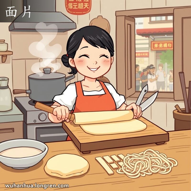 一位武汉妇女在厨房里擀面片，旁边是已经切好的面片，背景是冒着热气的锅和窗外的武汉街景