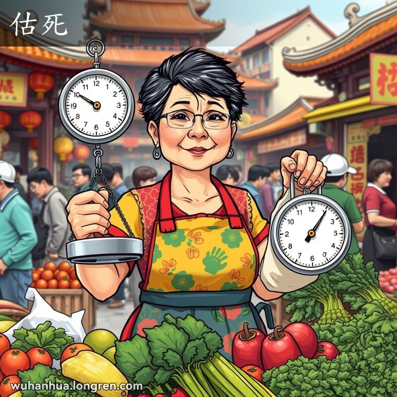 一位中年妇女在武汉市场摊位前用秤估量蔬菜重量，背景是热闹的市场场景
