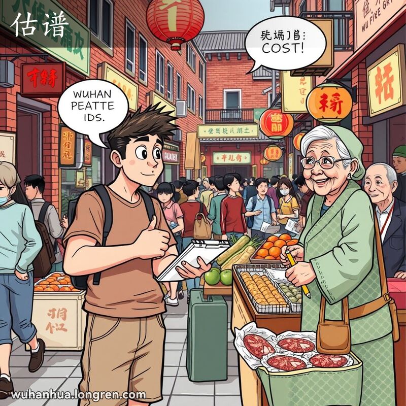 一位年轻人在武汉街头市场上，手持小本子和铅笔，试图估计商品的价格，背景是热闹的市场景象。