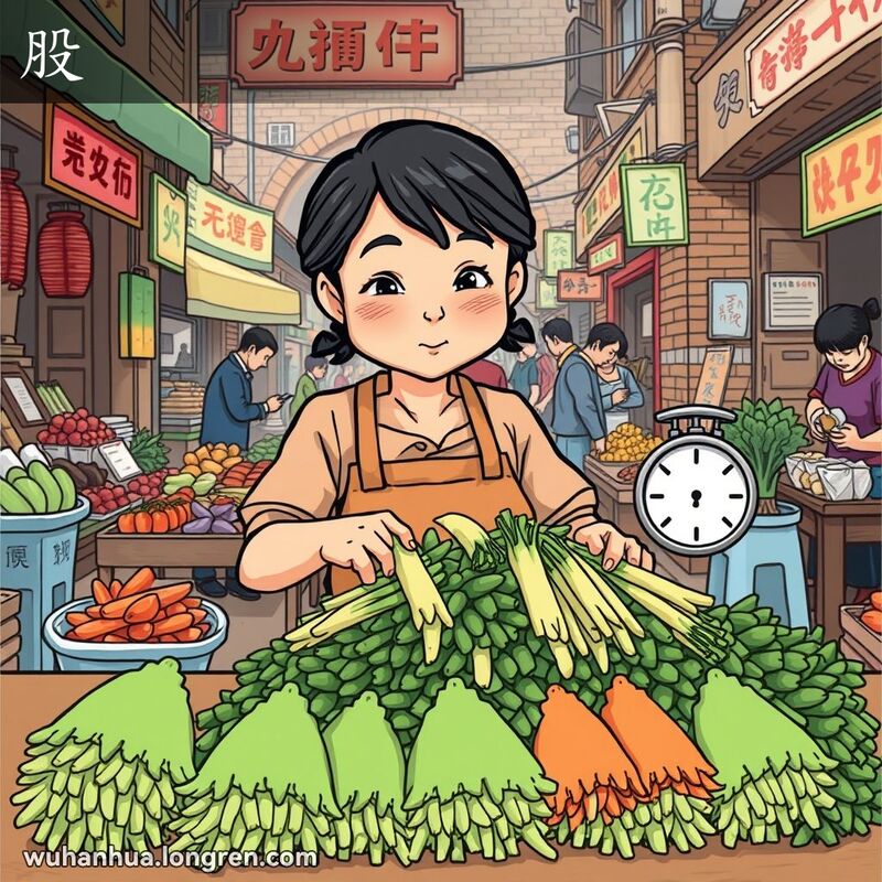 一位武汉妇女在市场上将蔬菜分成五等份，其中两份已被拿走，背景是忙碌的市场和传统招牌