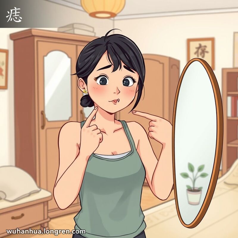 一位武汉女子站在镜子前，检查皮肤上的痣，背景是温馨的卧室。