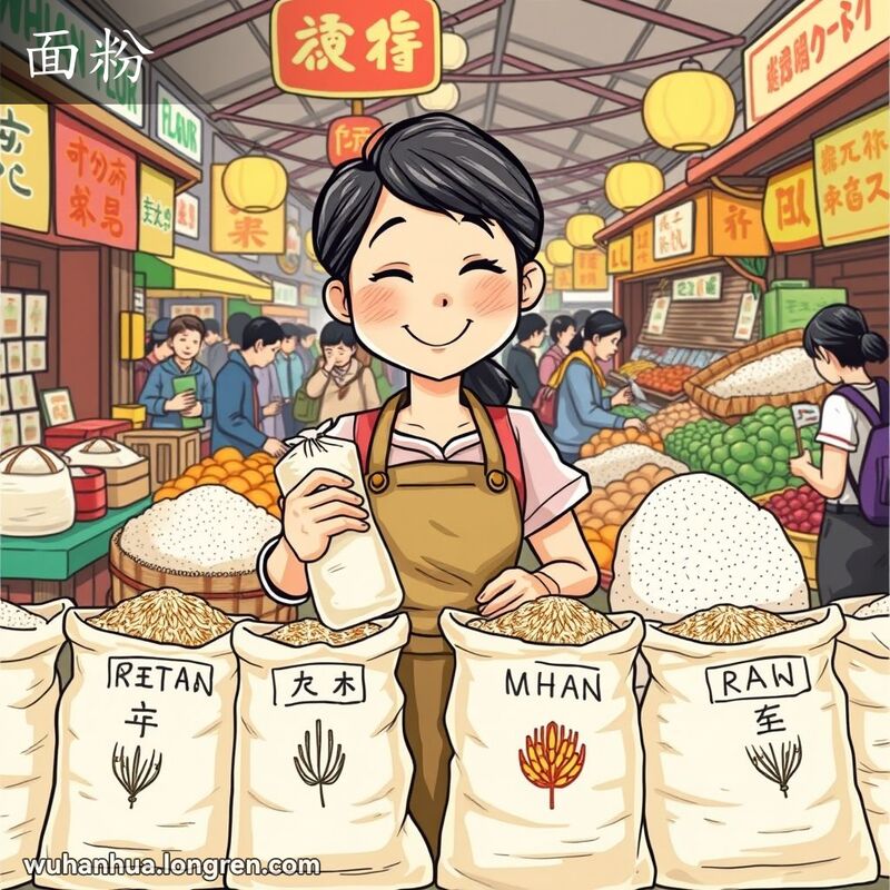 武汉传统市场中，一位妇女在售卖小麦面粉的摊位前微笑，背景是热闹的市场景象