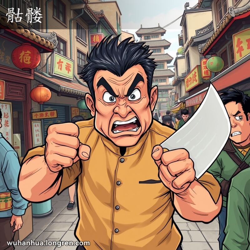 一位中年男子在武汉街头手持大砍刀，愤怒地对另一个人大喊大叫，背景是武汉老街景