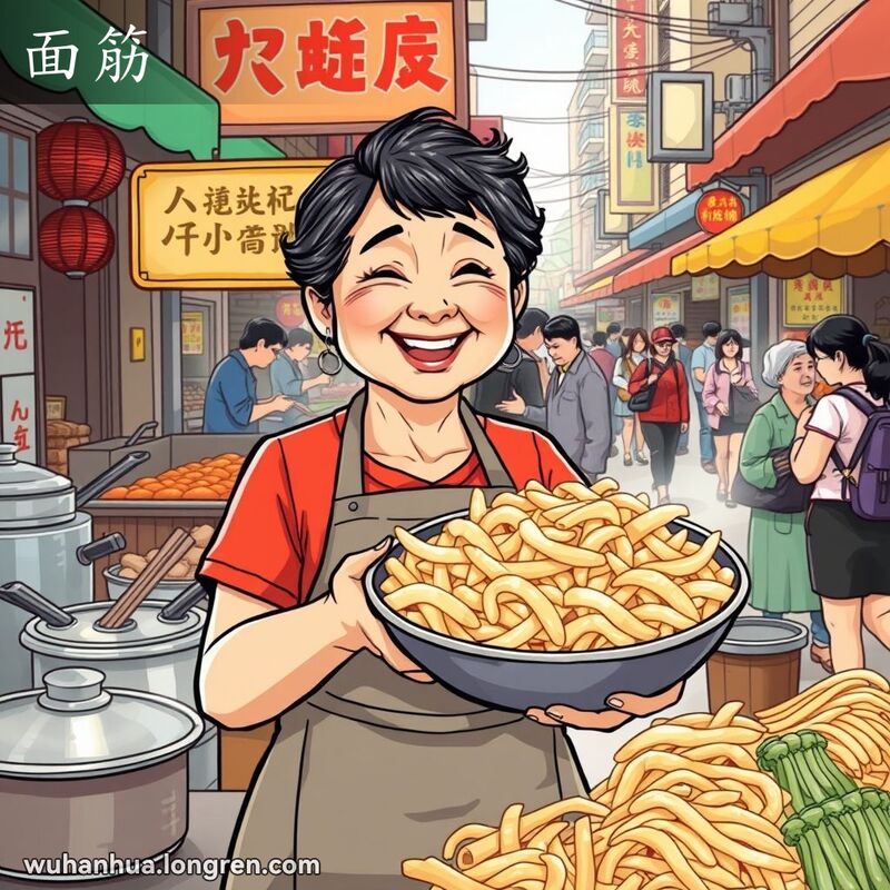 武汉街头市场，摊主拿着一碗新鲜的面筋，背景是热闹的市场场景