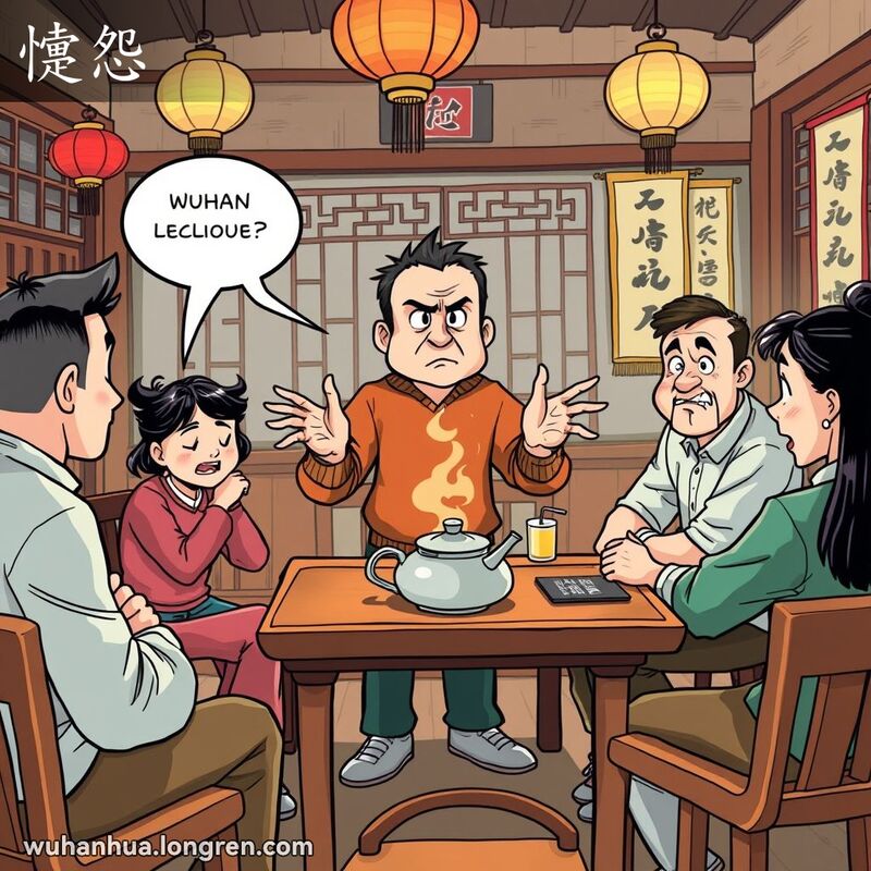 一群人在武汉茶馆中，一人站立表达不满，其他人露出同情的表情，背景有传统装饰。
