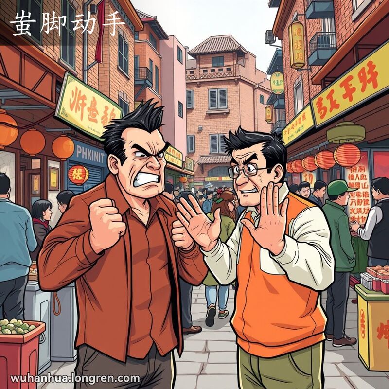 两个男人在武汉街头市场对峙，一个握拳生气，另一个试图平息冲突，背景是繁忙的市场。