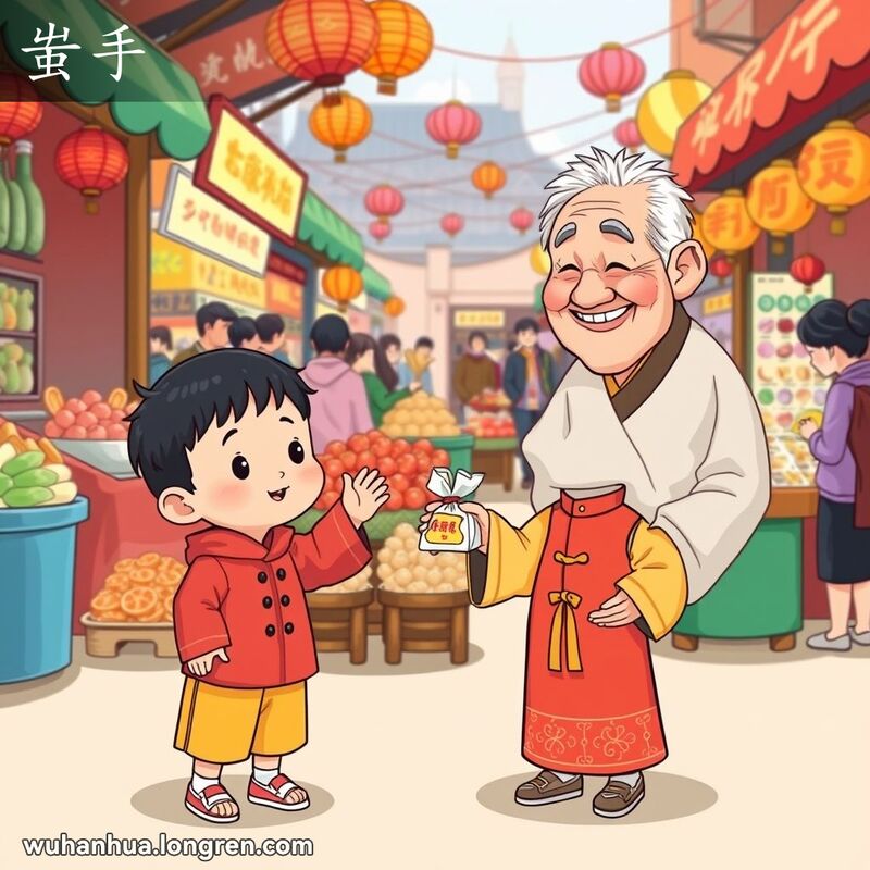 一个孩子在武汉市场上伸手向摊贩要糖果，背景是热闹的市场摊位。