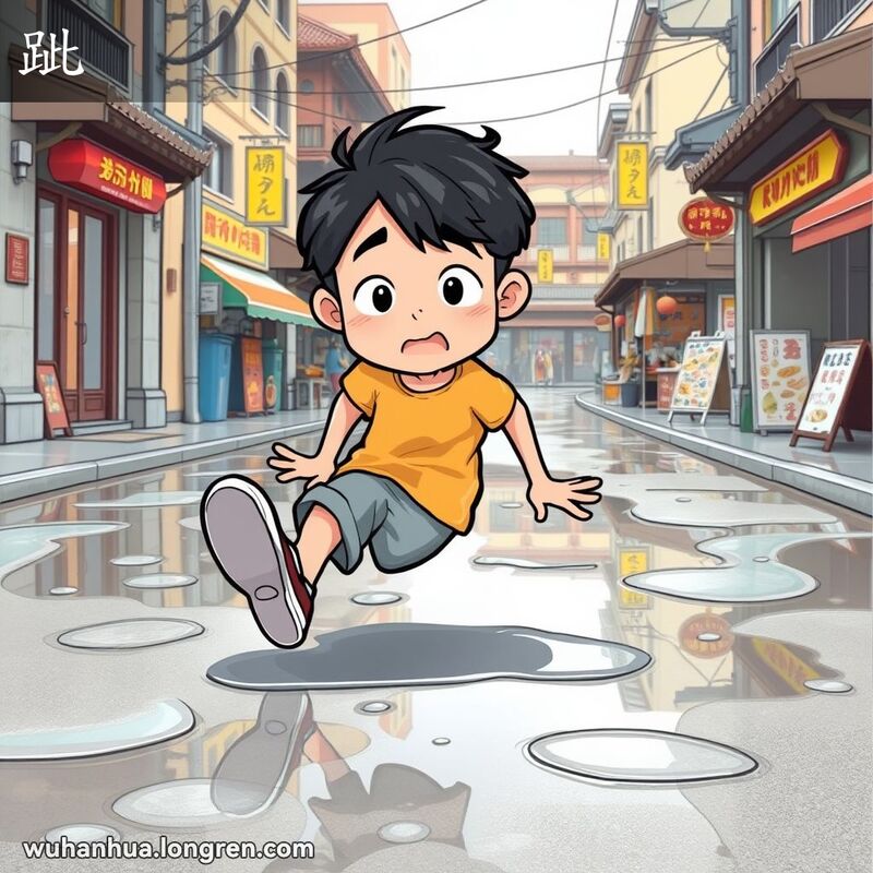 一位武汉市民在湿滑的街道上滑倒，表情惊讶且略显尴尬，背景是武汉街景