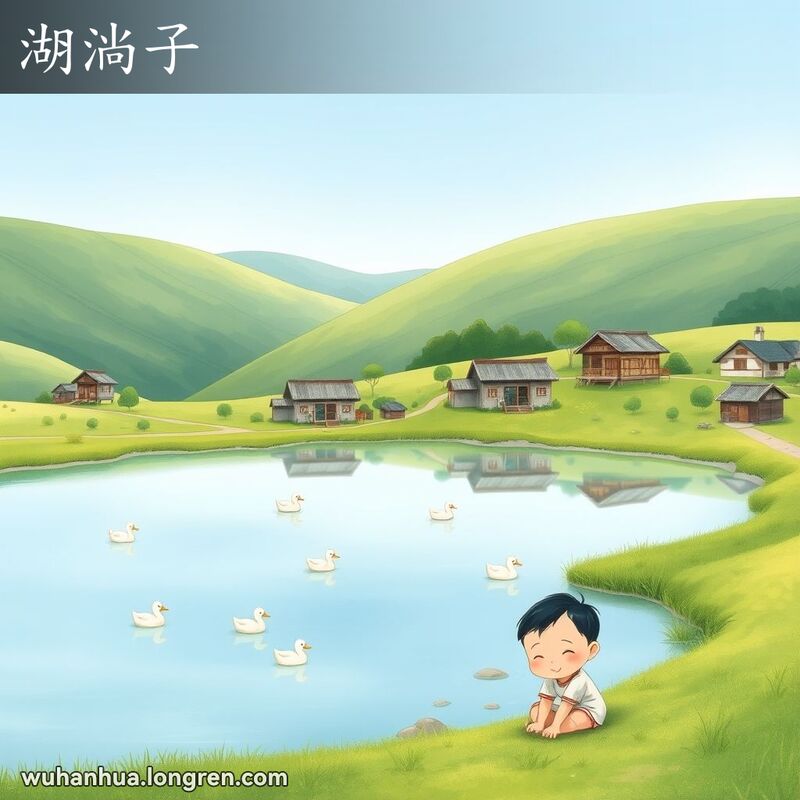 一个宁静的小湖泊，周围有绿树和中式房屋，湖边有孩子在玩耍，背景是连绵的小山和晴朗的蓝天。