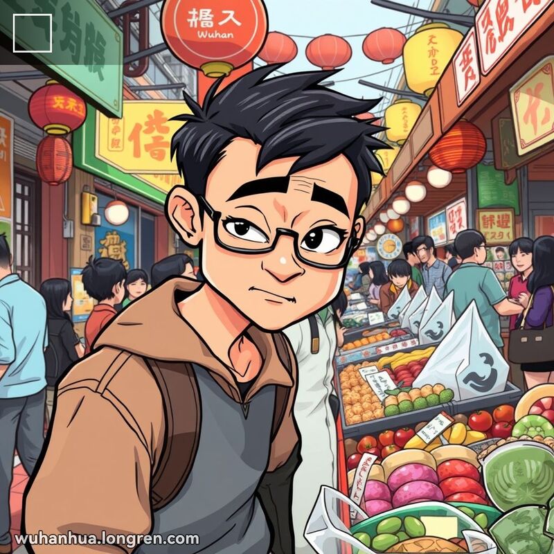 一位武汉市民在市场中仔细打量摊位上的商品，背景是繁忙的市场景象
