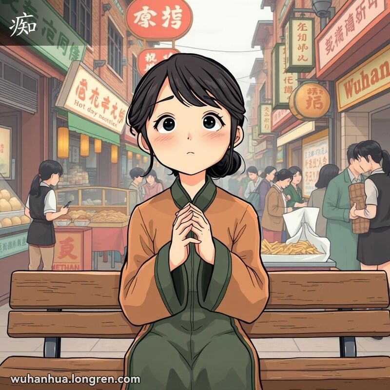 一位年轻的武汉女子坐在街边市场长椅上，眼神茫然地望向远方，表情显得完全走神，周围市场热闹非凡。