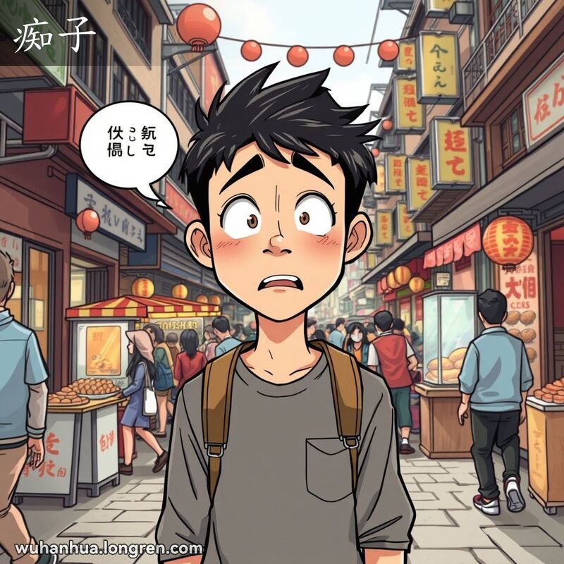 一位武汉年轻人站在街头市场中，脸上露出呆滞和迷茫的表情，背景是武汉街景