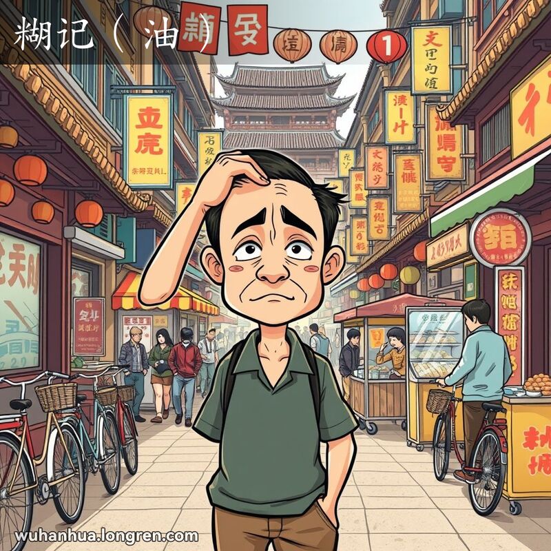 一位武汉男子站在繁忙的街道上，脸上带着困惑和迷茫的表情，背景是传统建筑和热闹的小贩