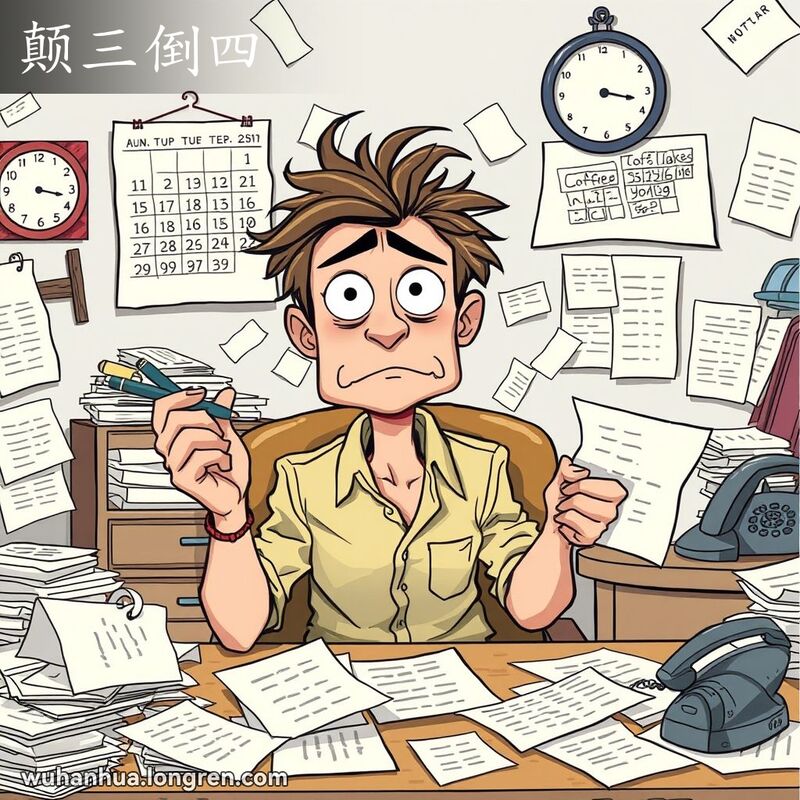 一个混乱的办公室场景，男子坐在桌前，衣衫不整，头发凌乱，脸上露出迷茫的表情，手里拿着笔和皱巴巴的纸，背景有错误时间的钟、洒了的咖啡杯和掉落的电话听筒。