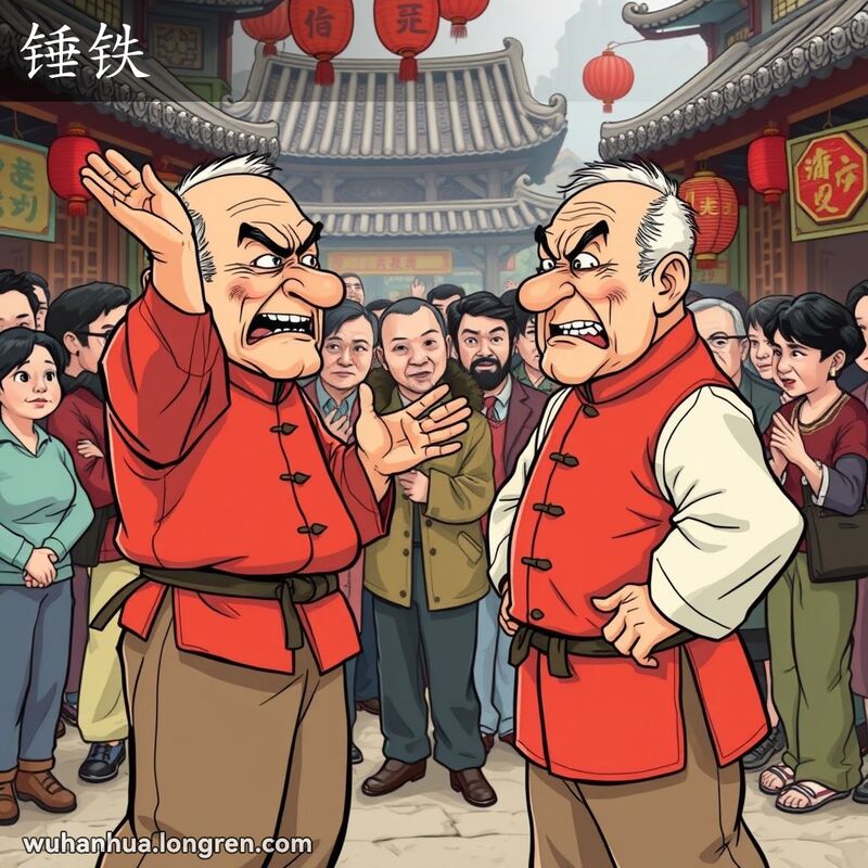 两个中年男子在市场上激烈争吵，背景是热闹的市场和传统中国建筑