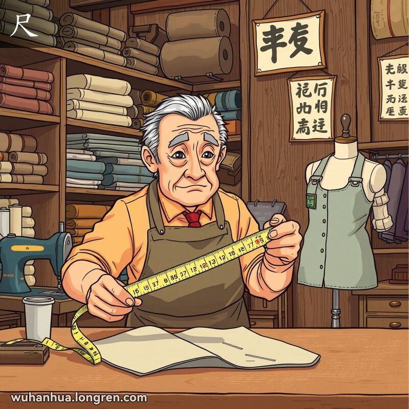一位老裁缝在裁缝店内用尺子量布料，背景有缝纫机和中文日历