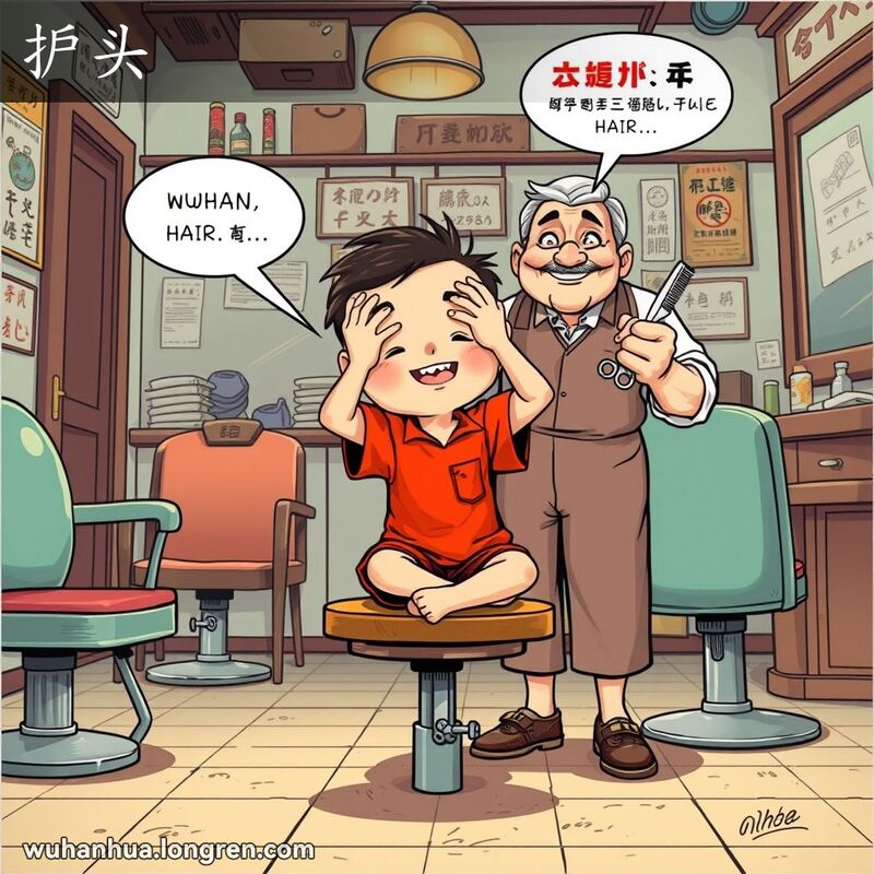 小男孩在理发店里护着头，不情愿理发，理发师在一旁劝说，背景是复古的理发店