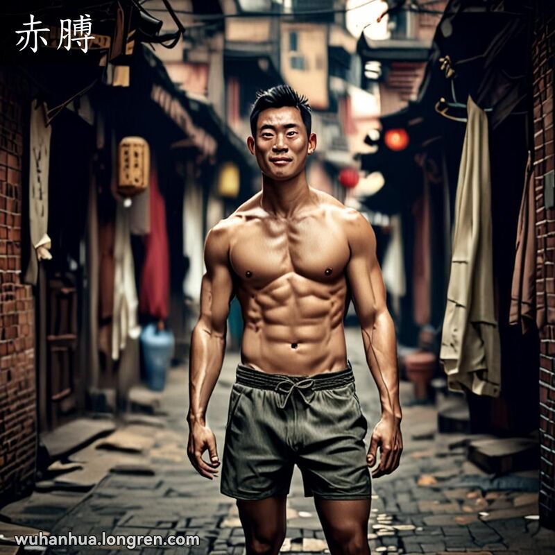 一位武汉男子在巷子里光着上身，展示结实的肌肉，背景是武汉老街景