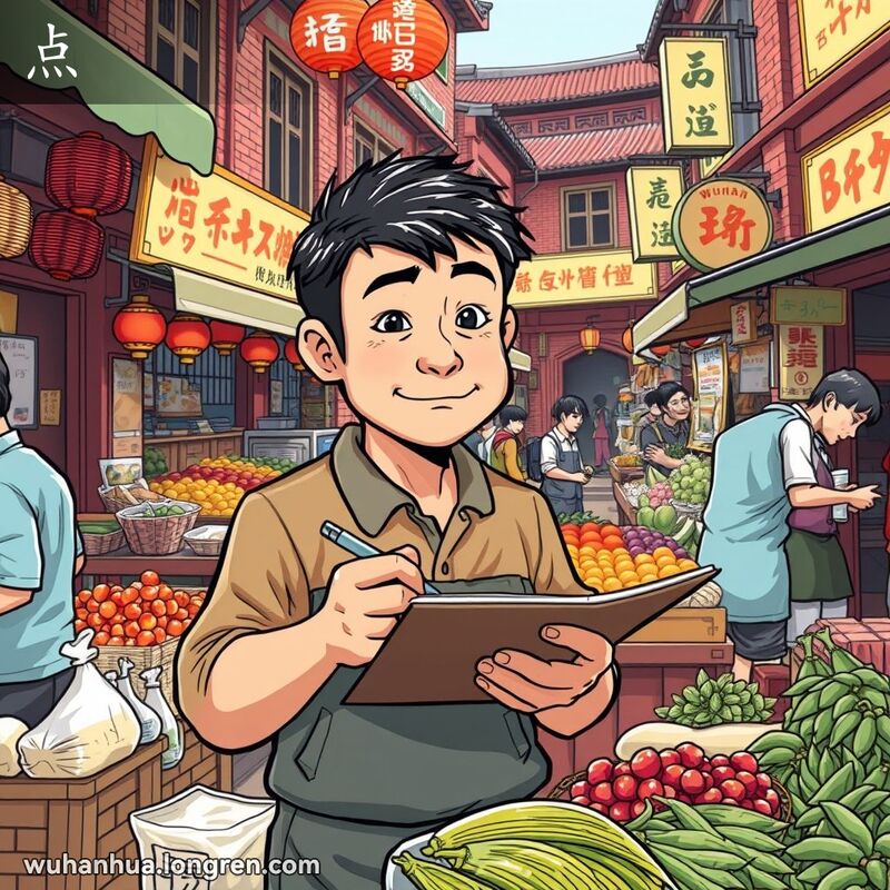 武汉街市摊贩正在清点货物，背景是热闹的市场和老街建筑