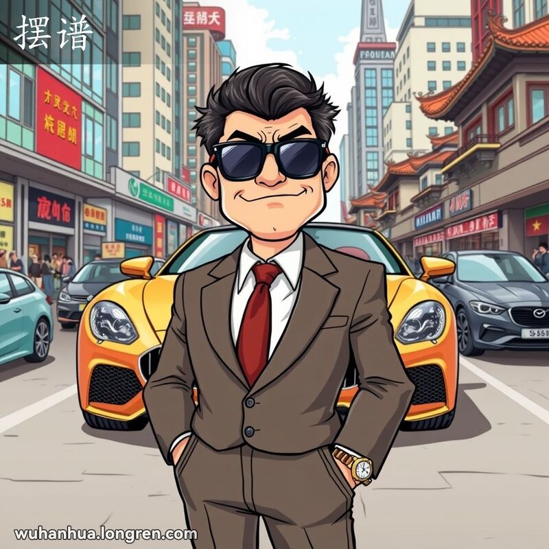 一位穿着华丽的男子站在豪华汽车前，神情傲慢，背景是武汉街景，现代建筑与传统中式建筑交错。