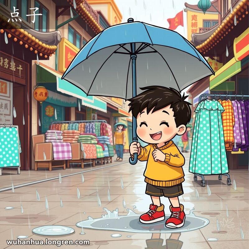 武汉街头，小男孩在雨中玩耍，手持雨伞，指着雨滴，背景有摊贩售卖花色布料