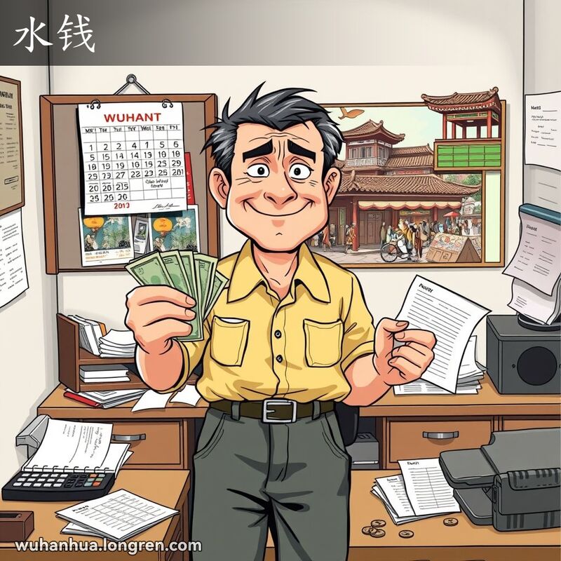 一位中年男子站在办公桌前，手持钞票和收据，脸上带着狡黠的笑容，暗示进行不正当交易，背景是武汉街景