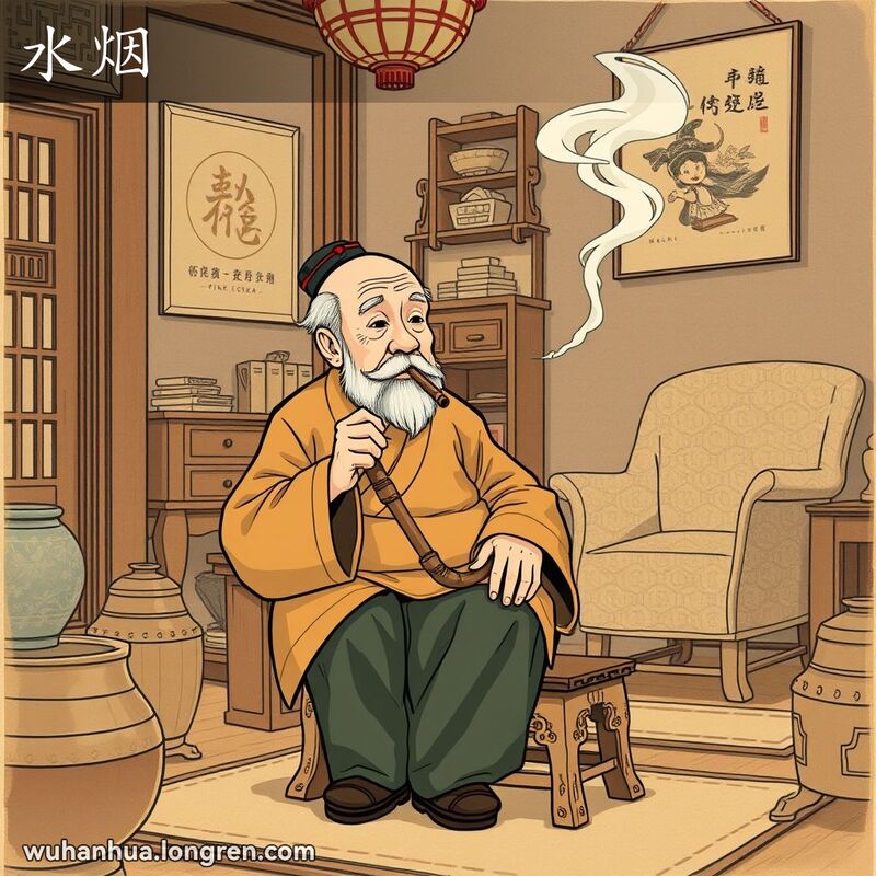 一位武汉老人坐在木凳上，手持水烟袋吸烟，背景是老式客厅