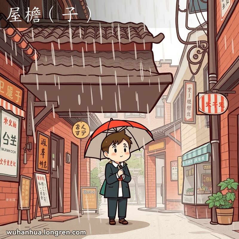 一位行人在武汉老街上借助屋檐躲雨，背景有红砖墙和小摊贩