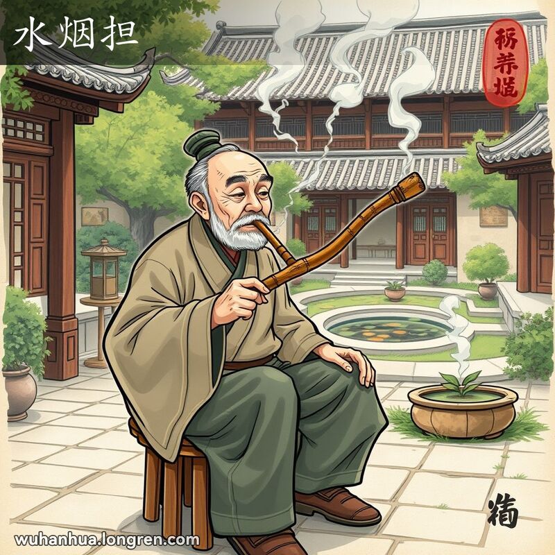 一位武汉老人坐在庭院中，手持水烟袋吸烟，背景是传统中式庭院