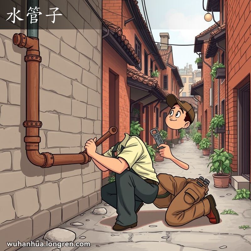 一位修理工在武汉老城区修理自来水管道，背景是红砖墙和瓦片屋顶的老房子